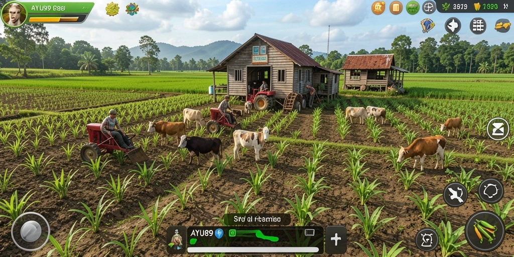 Tampilan gameplay AYU89 yang menampilkan ladang subur dan tanaman yang matang.