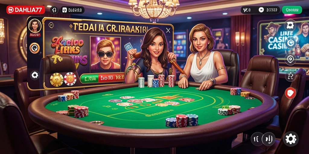 Tampilan gameplay Live Casino DAHLIA77 dengan dealer cantik.