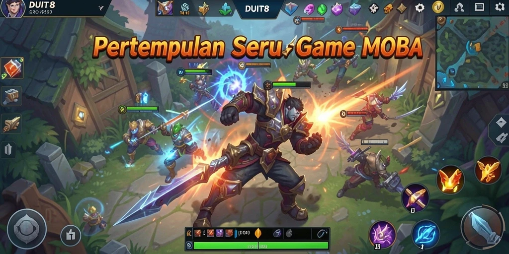 Tampilan utama gameplay DUIT8 dengan aksi pertempuran MOBA yang intens.