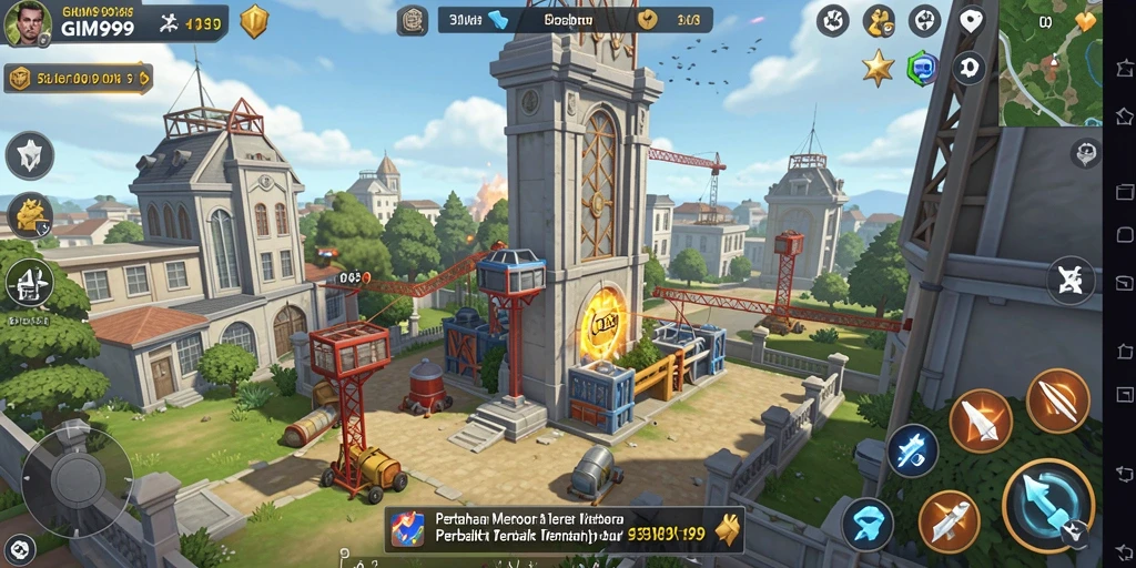Tampilan gameplay GIM999 dengan menara pertahanan yang strategis.