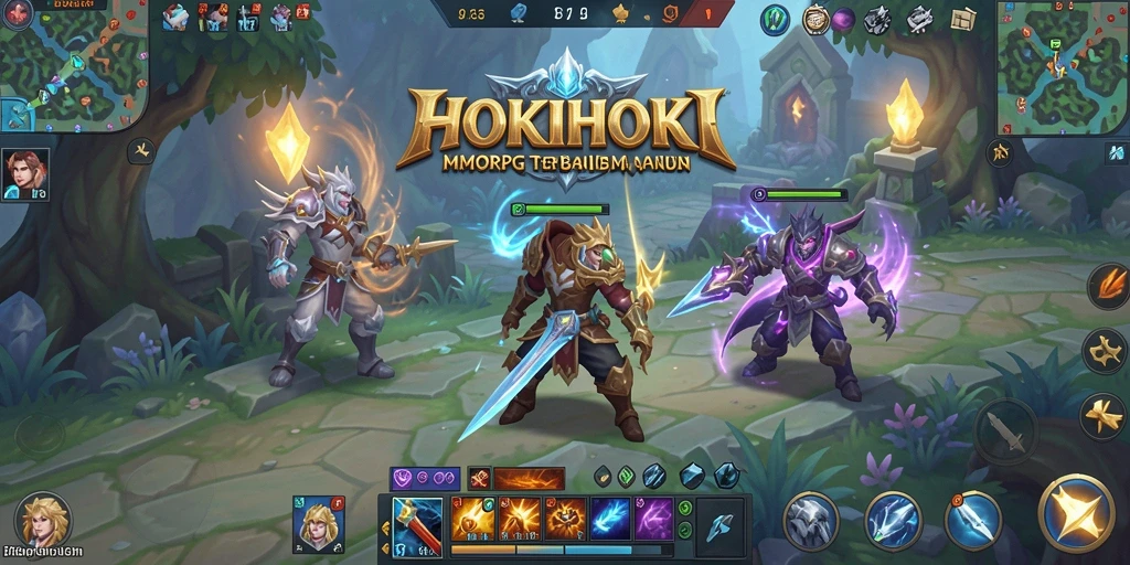 Screenshot gameplay HOKIHOKI yang menampilkan aksi pertempuran dalam dunia MMORPG.