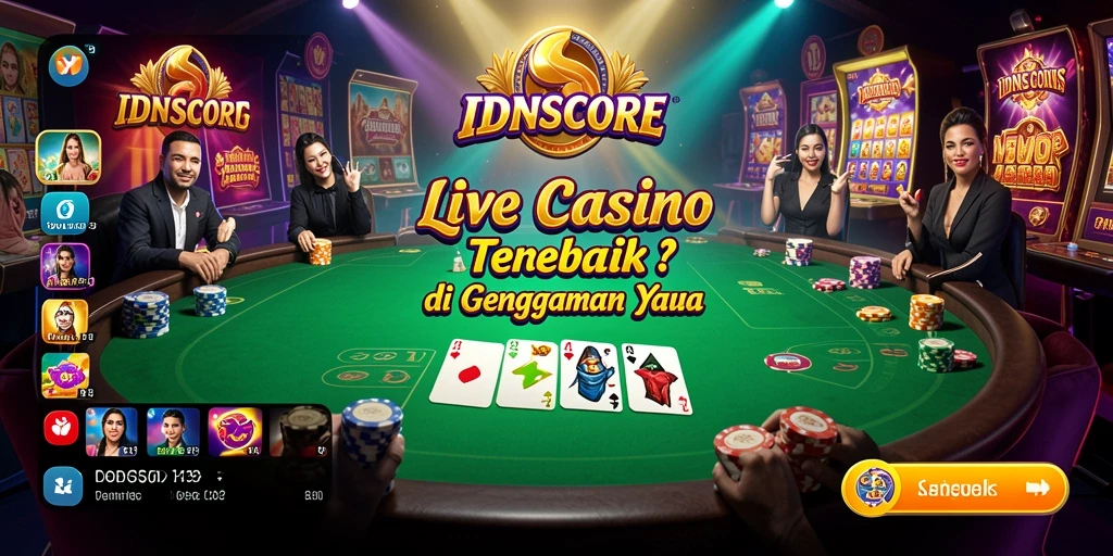 Screenshot gameplay IDNSCORE menampilkan dealer cantik dan suasana kasino yang nyata.