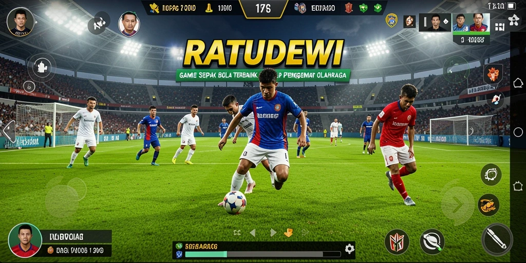 Tangkapan layar utama RATUDEWI menampilkan gameplay sepak bola yang intens.