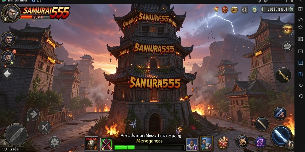 Screenshot gameplay SAMURAI555 menampilkan serangan mendebarkan dari menara pertahanan.