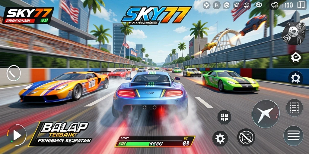 Screenshot gameplay SKY77 menampilkan balapan yang mendebarkan dan mobil yang cepat.