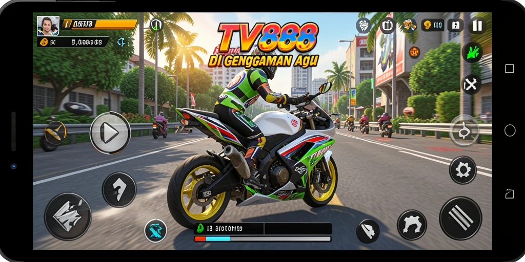 Tampilan gameplay balapan motor yang mendebarkan di TV888.